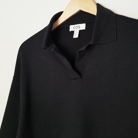COS Jersey Rugby Shirt Top XS Black Collar V Neck Wide Long Sleeves Minimalist - Picture 15 of 16